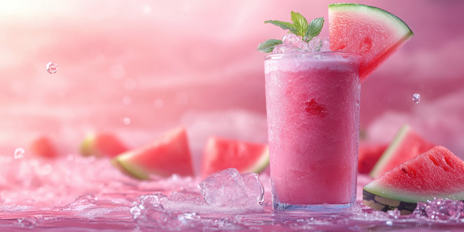 Refreshing watermelon smoothie served with ice and mint in a vibrant summer setting